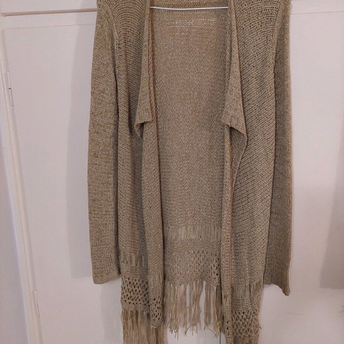 Summer knitted cardigan beige like new with fringes, S/M