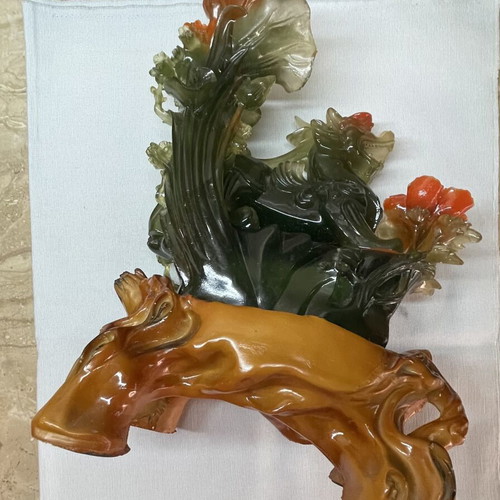 Feng Shui Pixiu Sculpture like new with Peony Flowers and Happiness Inscription