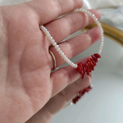 Handmade steel necklace with white crystals and red corals