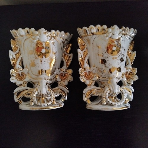 Porcelain vases pair used, baroque rococo style from 1940s