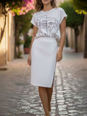 Set of blouse and skirt white used, small with side slit