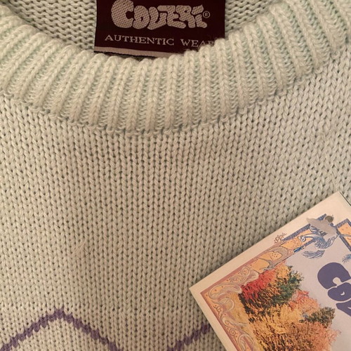 Coveri wool sweater new with purple and salmon designs