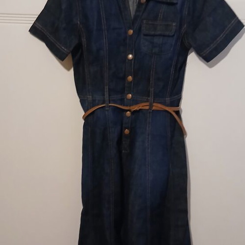 Denim dress ALE elastic midi with brown leather belt size S like new