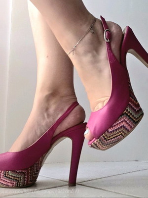 High-heeled peep toe sandals like new, 12cm heel, 3cm platform, size 36, pink multicolor