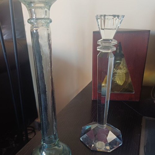Vintage candlestick set crystal geometric 27cm & tall green glass