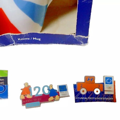 Athens 2004 Olympic Games mug and sponsor and mascot pins new