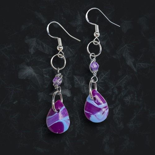 Earrings drops new with purple-blue marbled effect, hypoallergenic