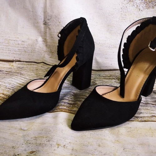 Γόβες Sweet Shoes σουέντ με τετράγωνο τακούνι και δέσιμο στον αστράγαλο, μαύρο, σαν καινούργιο