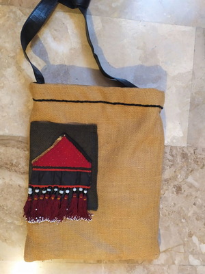 Handmade boho shoulder bag like new, beige and red