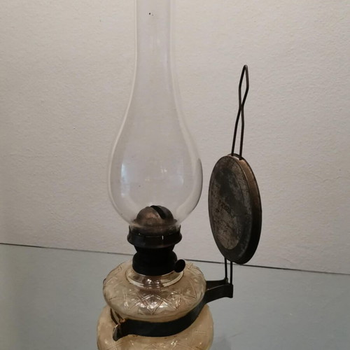 Oil lamp used vintage with embossed geometric design, glass