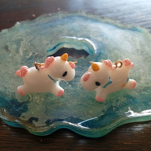Earrings pair new with teddy bear, dog, unicorn, white and pink