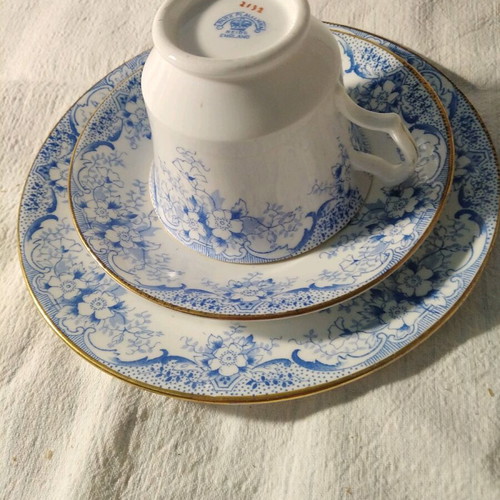 Antique English porcelain tea cup trio set with saucer and cake plate, blue