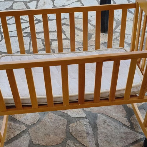 Wooden Baby Cradle rocking, like new with mattress