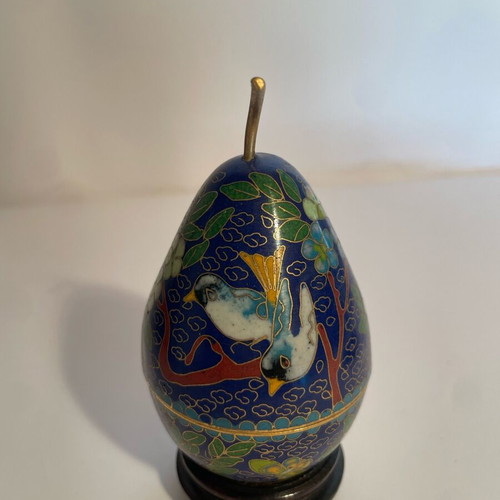 Small Cloisonné Egg-Shaped Pear Container with Bird and Flowers like new, wooden base