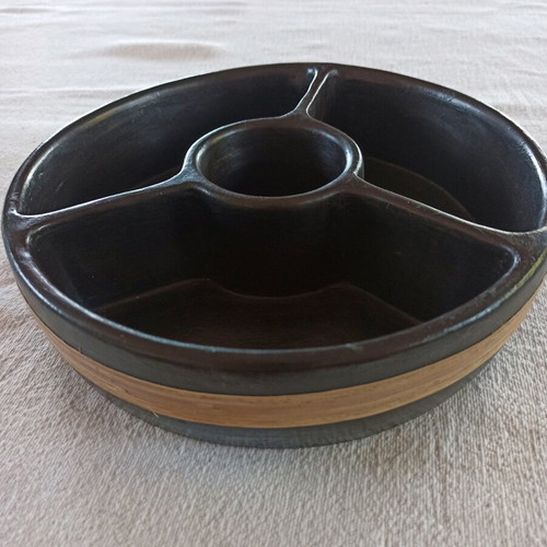 Ceramic serving platter with compartments, new, black with rattan trim
