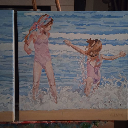 Diptych painting Playing with the Waves No2 new, acrylic 40x40 cm (x2)