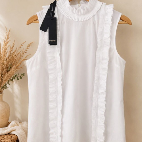 Pinko white sleeveless blouse with ruffles, size L, new