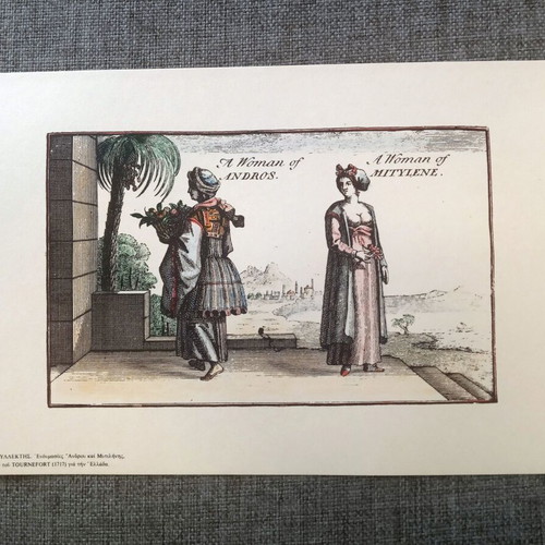 Two collectible hand-colored engravings with traditional costumes like new