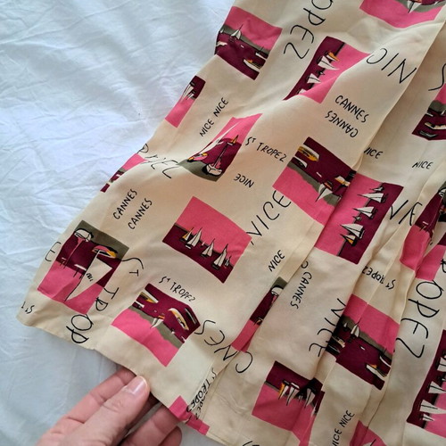 Set shirt and skirt used, vintage, pink with colorful sailboat pattern