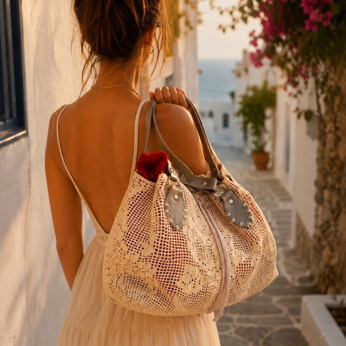 Handmade bag with leather handles, new, white and beige