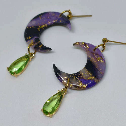 Moon earrings new, purple and gold