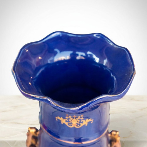 Large German Porcelain Floor Vase Cobalt Blue with Gold Decoration and Romantic Scene