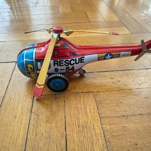 Rescue S-54 Retro Metal Helicopter Tin Toy used, wind-up, functional