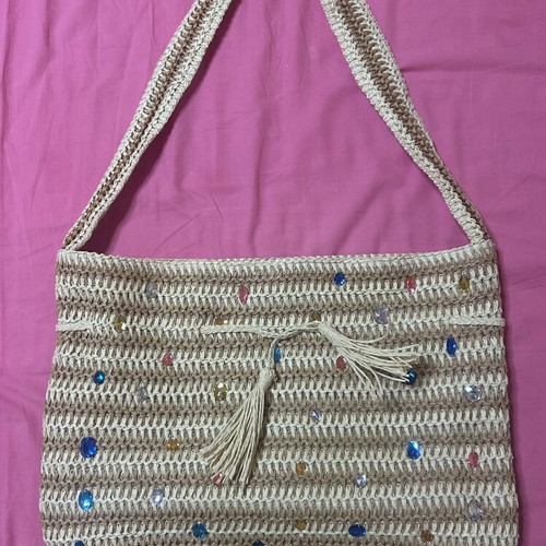 Calzedonia beige straw shoulder bag with multicolored stones