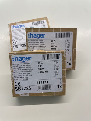 Ραγοδιακόπτης ράγας DIN 2 πόλων Hager SBT225 με ενδεικτική λυχνία, καινούργιος, σετ 3 τεμαχίων
