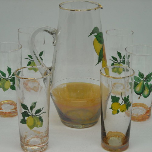 Vintage glass set with pitcher used, fruit print