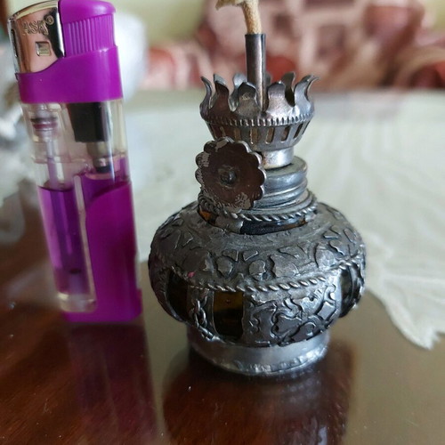 Oil lamp used, miniature with yellow glass and metal fittings