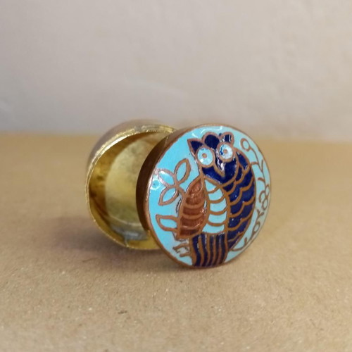 Cloisonné pill box vintage used with owl design