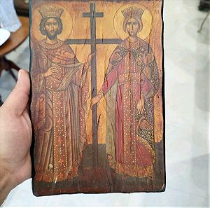 Εικόνα του Αγίου Κωνσταντίνου και Ελένης σε παλαιωμενο ξύλο