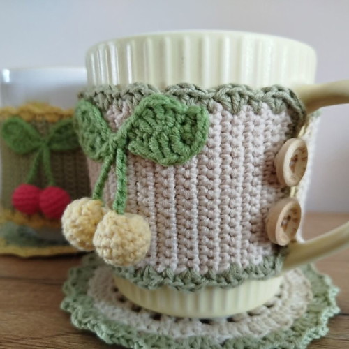 Handmade mug set with cotton yarn cozy and coaster