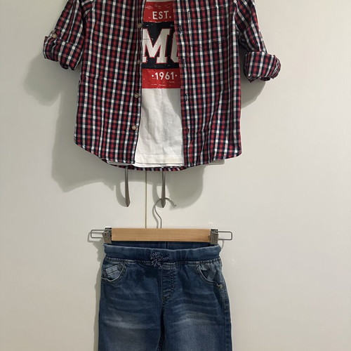 Mothercare 3-Piece Boys' Set like new, check shirt and denim shorts