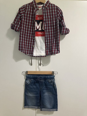 Mothercare 3-Piece Boys' Set like new, check shirt and denim shorts