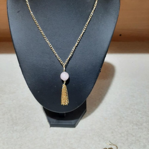Jewelry set with pink quartz in steel, necklace length 80 cm, new