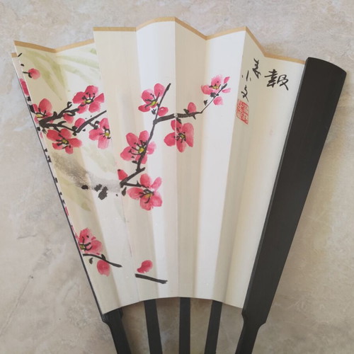 Traditional Handmade Asian Fan with Bamboo Ribs and Peach Blossom Design