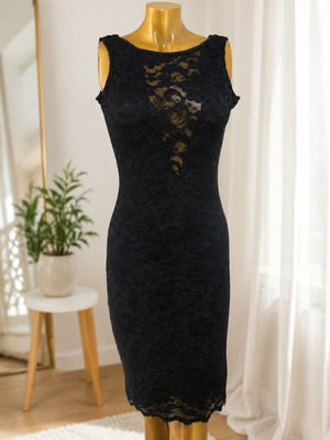 Bill Cost black lace dress with floral appliqué