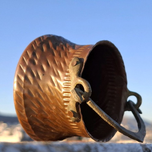 Copper miniature bucket used with hammered finish and metal handle