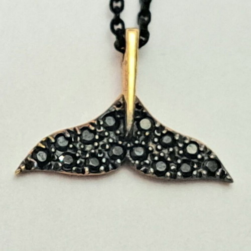 Krinaki Whale Tail Necklace 14K Gold with Black Zircon and Oxidized Chain new