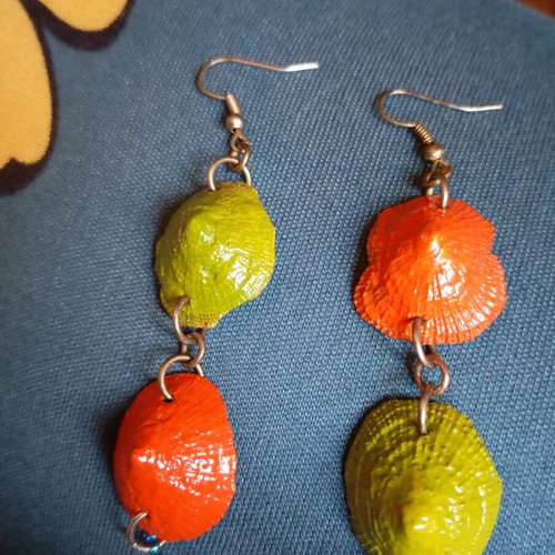 Handmade earrings with hand-painted natural shells, new, multicolor