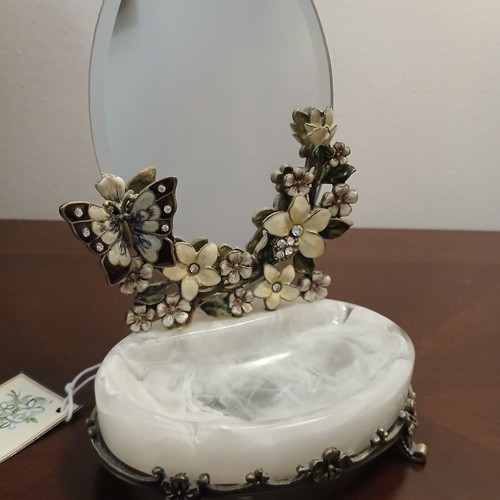 Brass jewelry box with mirror and enamel floral butterfly design
