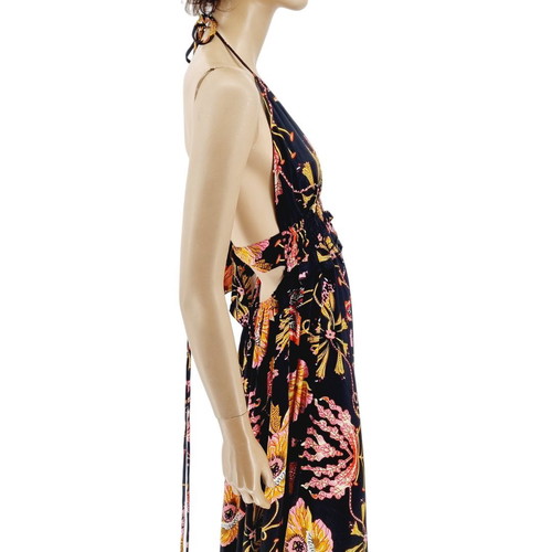 Long dress 100% viscose black with pink flowers new