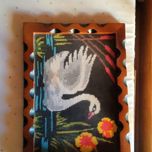 Vintage embroidered swan used textile art