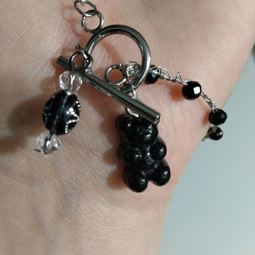 Handmade necklace with bear charm like new, black