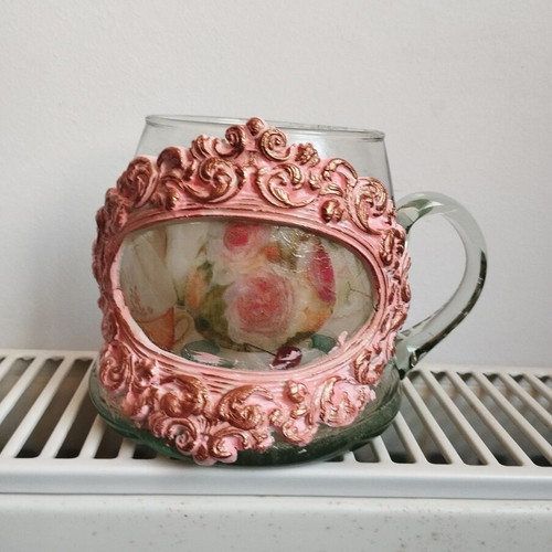 Decoupage glass vase with rose designs, like new