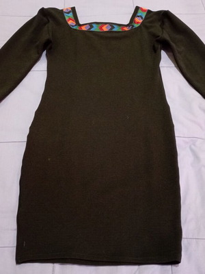Black dress used, fitted with colorful neckline detail, size S