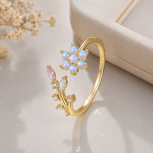 S925 Silver Adjustable Floral Ring with Multicolor Zirconia, New