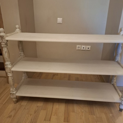 Wooden shelf with white patina used, 3 shelves, 128x40x90 cm